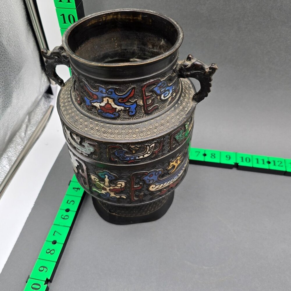 Antique Japanese Bronze Champleve Vase 11" Archaic Dragon Handle Meiji Style - Picture 15 of 16